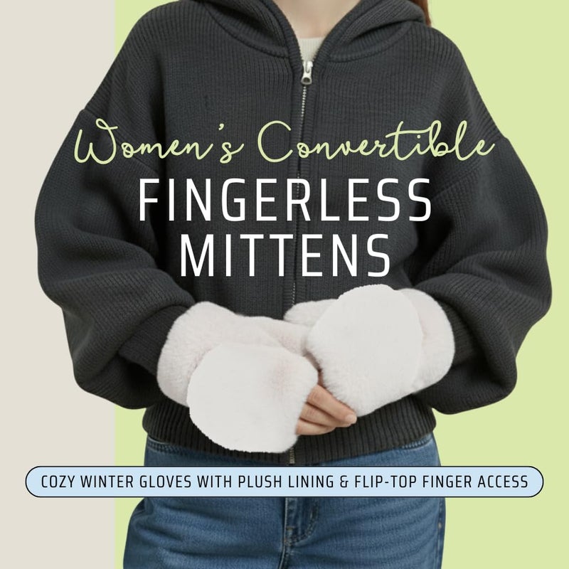 Funky Junque Women's White Faux Fur Mittens with Finger Flap, Warm Convertible Fingerless Gloves for Texting, Driving - Ivory - Image 2